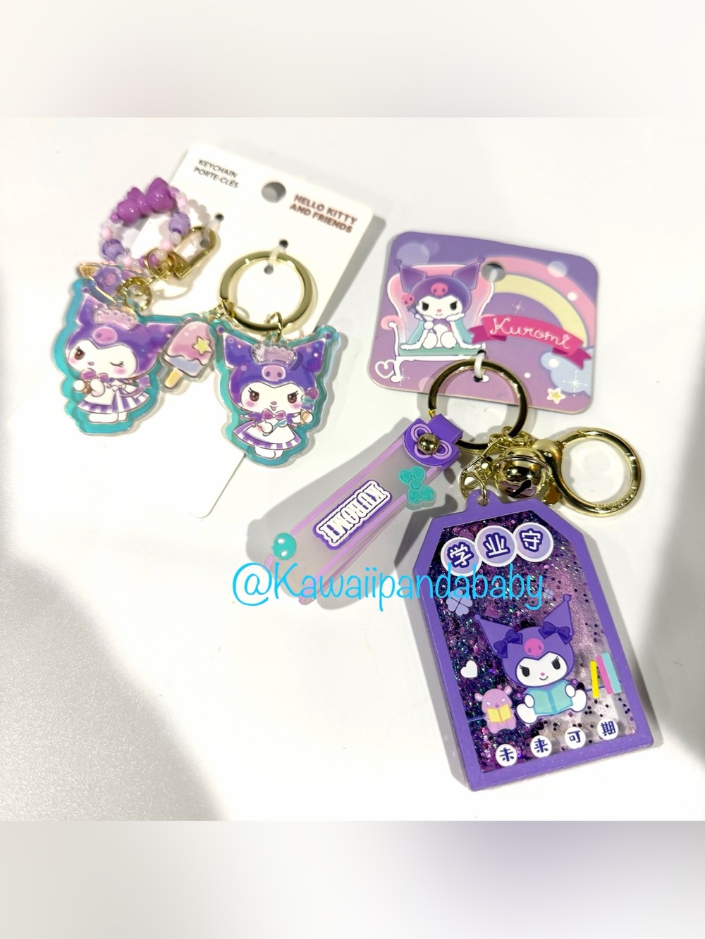 Set of 3 Kuromi Sanrio Glitter Kawaii Gold Purple Rare Keychain Purse Bag Charms